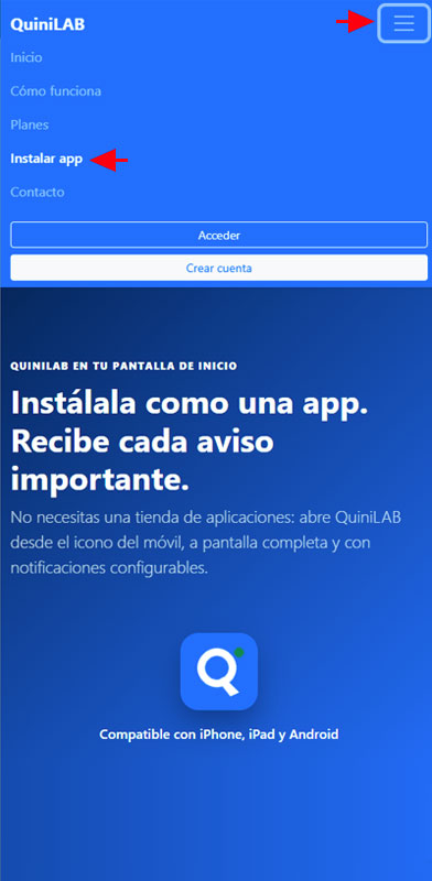 Menú móvil de QuiniLAB con el botón superior y la opción Instalar app señalados