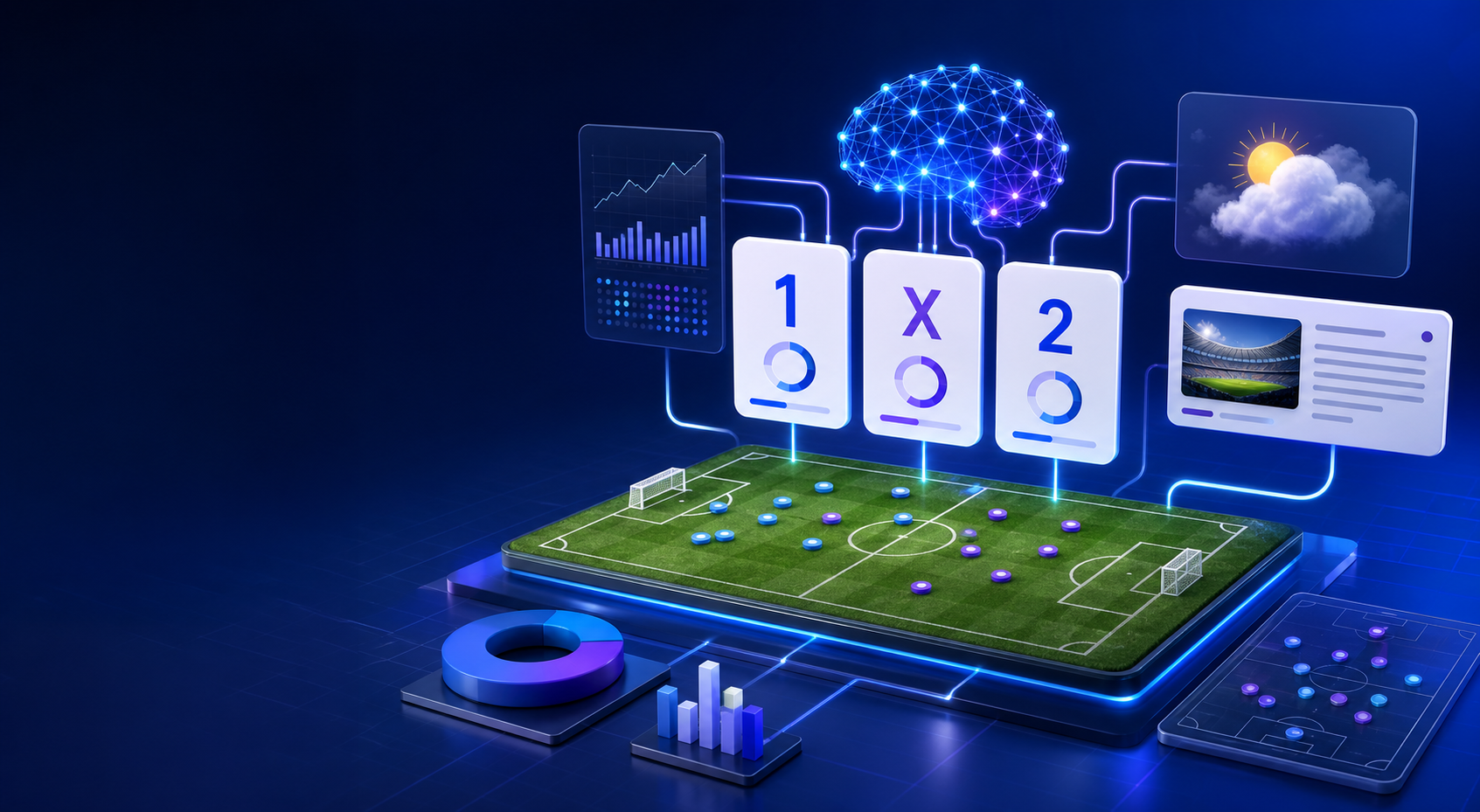 Campo de fútbol conectado con probabilidades 1, X y 2, noticias, meteorología e inteligencia artificial
